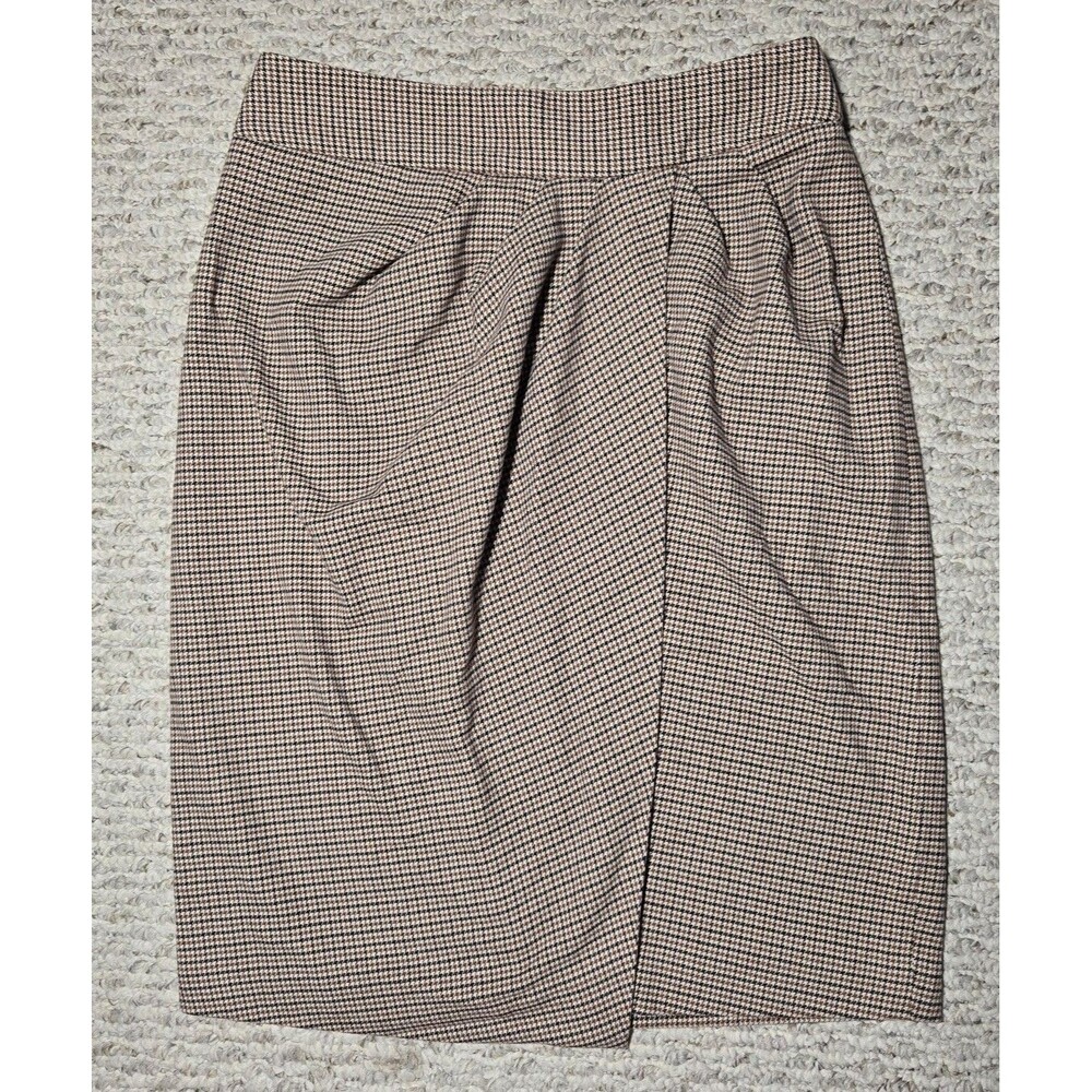 J. McLaughlin Maddie Knit Pencil Skirt Brown Plaid Houndstooth Faux Wrap Size 2